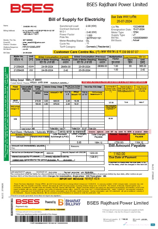 Download India Bses electricity business utility bill Word and PDF template trang Photoshop template
